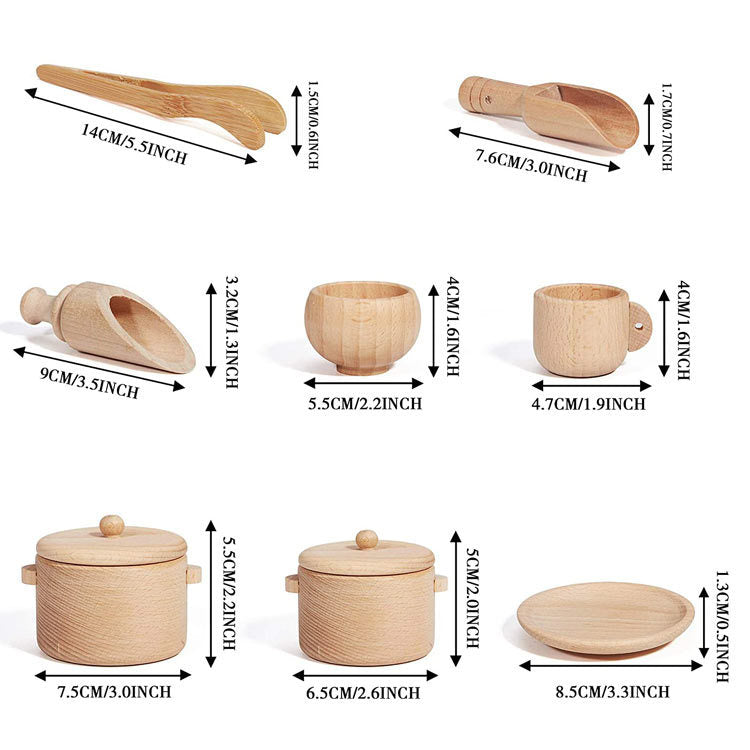 Juego de té y utensilios de madera - Juguetes de motricidad fina