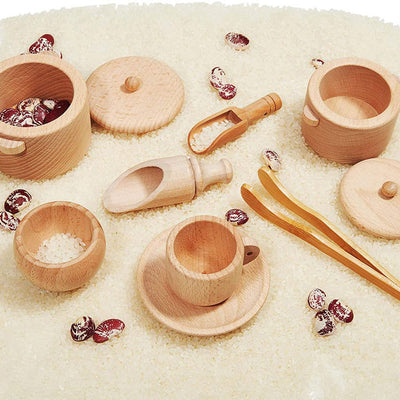 Juego de té y utensilios de madera - Juguetes de motricidad fina