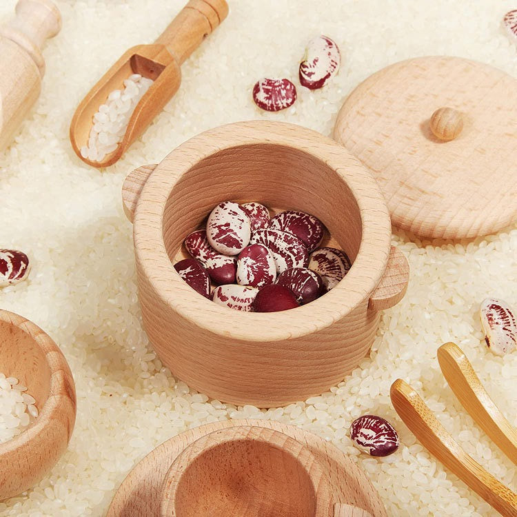 Juego de té y utensilios de madera - Juguetes de motricidad fina