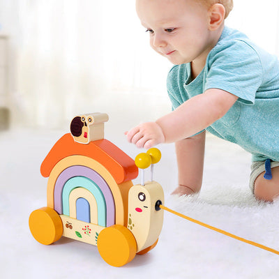 Tracteur Escargot Arc-en-ciel en Bois - Jouets pour la motricité fine