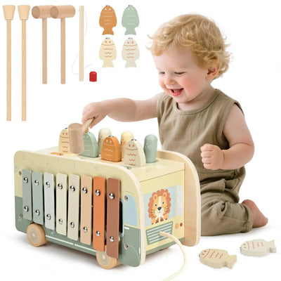 Fidtoy Montessori Juguete para Golpear 7 en 1 Cubo de Actividades de Madera para Niños Pequeños Juguete de Aprendizaje Musical
