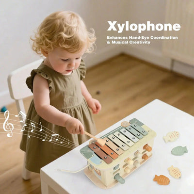 Fidtoy Montessori Juguete para Golpear 7 en 1 Cubo de Actividades de Madera para Niños Pequeños Juguete de Aprendizaje Musical