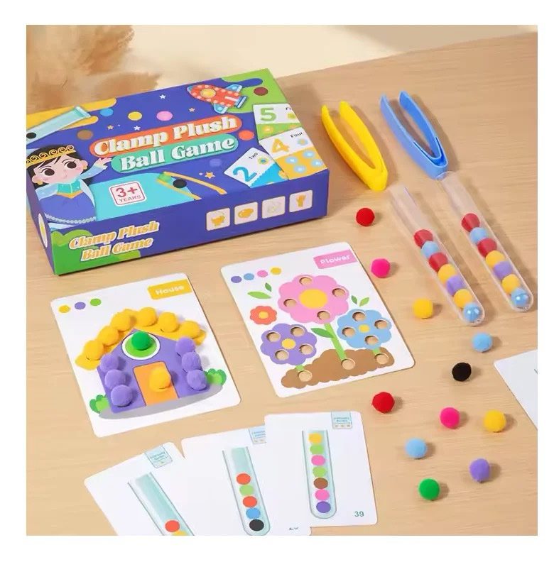 Actividad de clasificación de bolas de felpa con pinzas – Juego de motricidad fina, combinación de colores y conteo