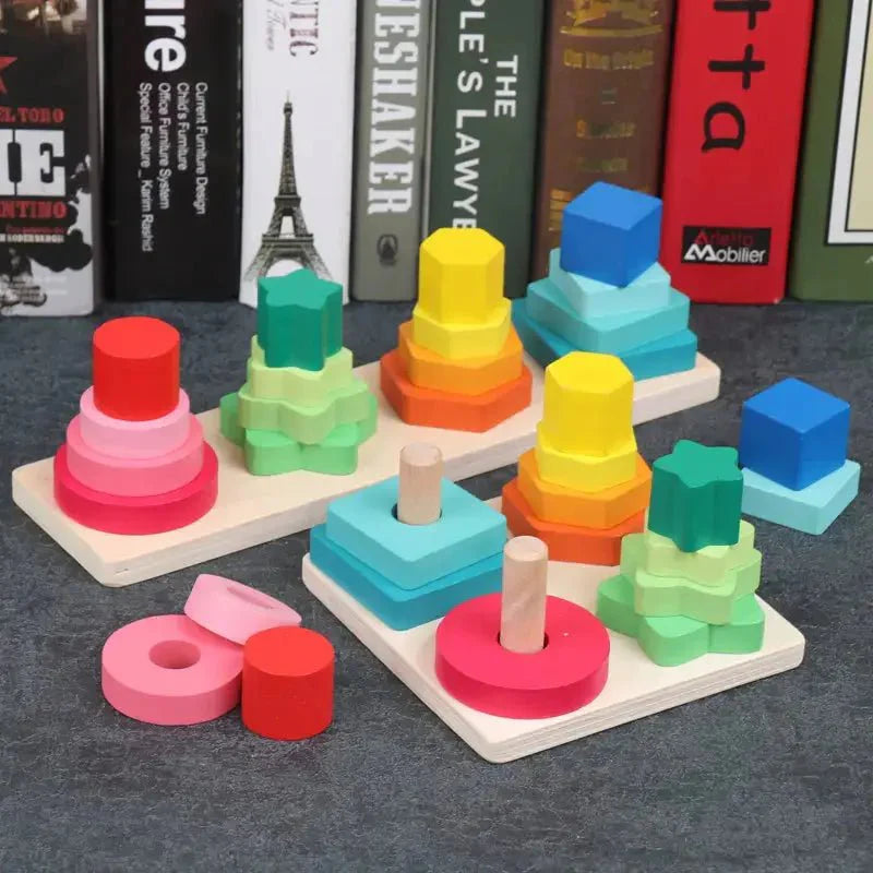 Tour à quatre colonnes carrées | Jouet d'éveil Montessori en bois pour bébés, jeu d'association pour jeunes enfants