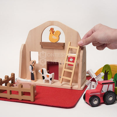 Fidtoy Traveling Farm Play Set for Toddlers – Portable Pretend Play Toy with 16 Wooden Animals Age 2+