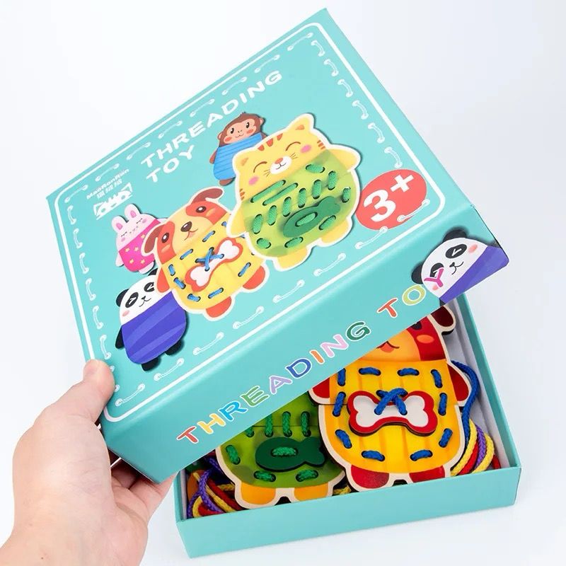 Jeu d'enfilage d'animaux en bois – Jouet de motricité fine et de coordination œil-main