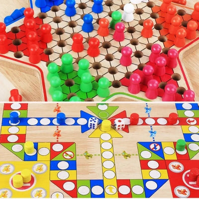 Tablero de Ajedrez y Parchís de Madera 2 en 1 - Juego Familiar Clásico Premium