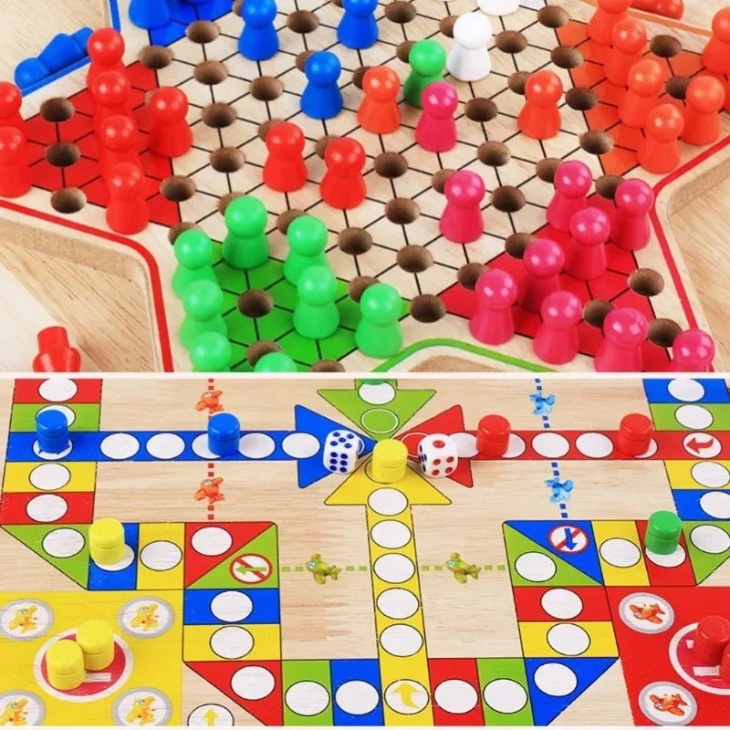 Tablero de Ajedrez y Parchís de Madera 2 en 1 - Juego Familiar Clásico Premium