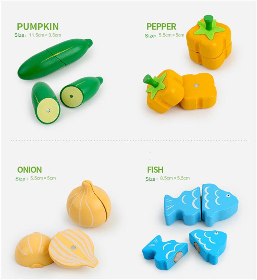 Juego de cocina de juguete de frutas y verduras magnéticas de madera para cortar y educación temprana