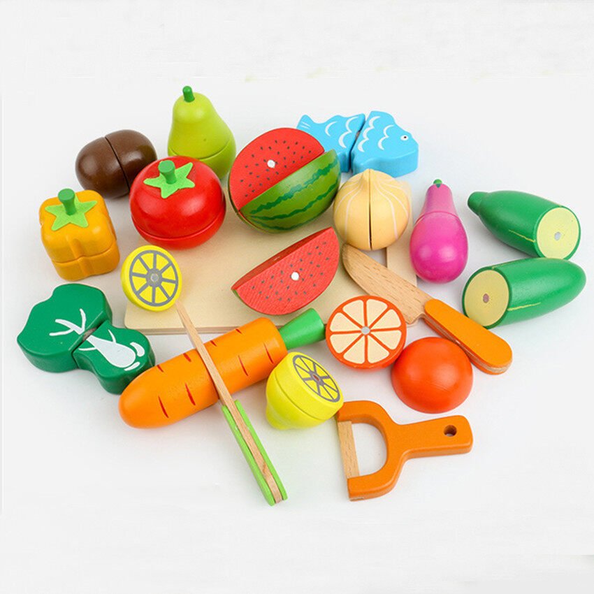 Juego de cocina de juguete de frutas y verduras magnéticas de madera para cortar y educación temprana
