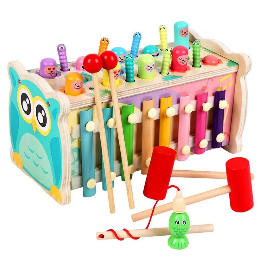 Jouet d'activités 7-en-1 en bois – Tape-taupe, xylophone et plus