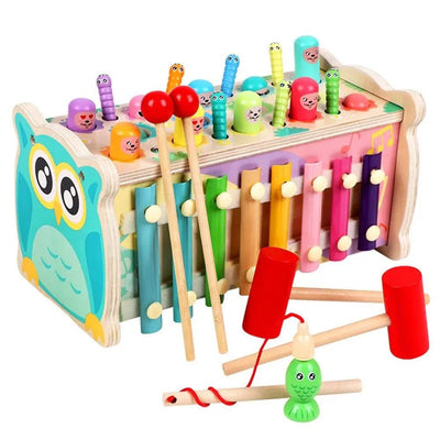 Jouet d'activités 7-en-1 en bois – Tape-taupe, xylophone et plus