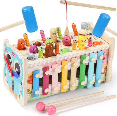 Jouet d'activités 7-en-1 en bois – Tape-taupe, xylophone et plus