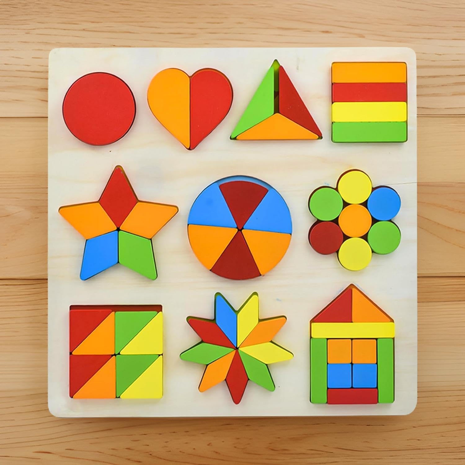 Wooden Shapes Puzzle Learning Toy, 10 in 1 Montessori Brain Teaser Puzzle Board with 10 Geometric Shapes